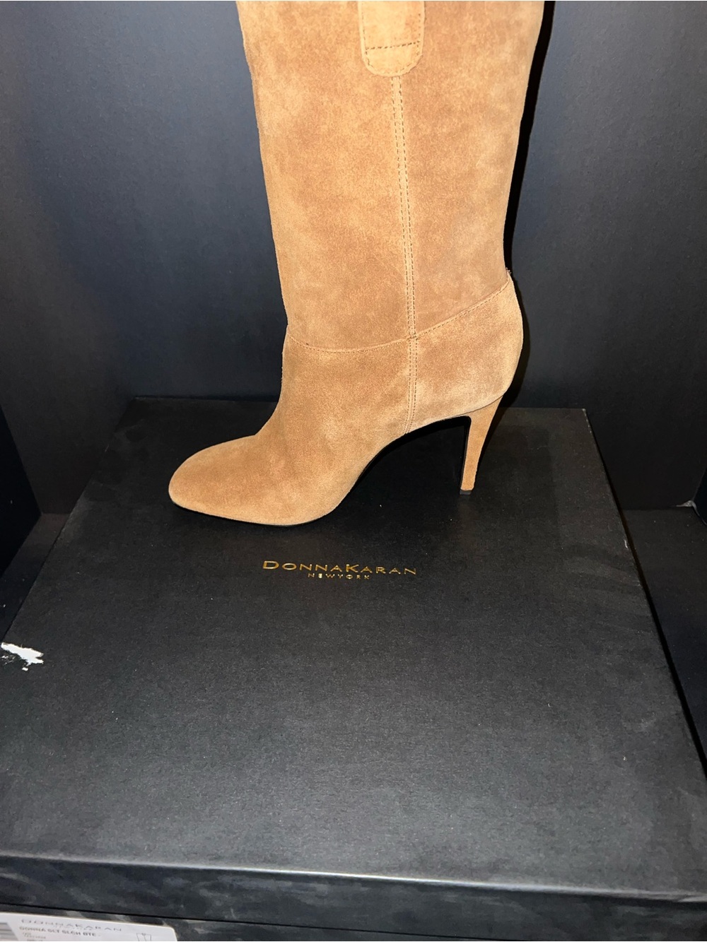 Donna Karan Camel Suede Mid-Calf Stiletto Boot